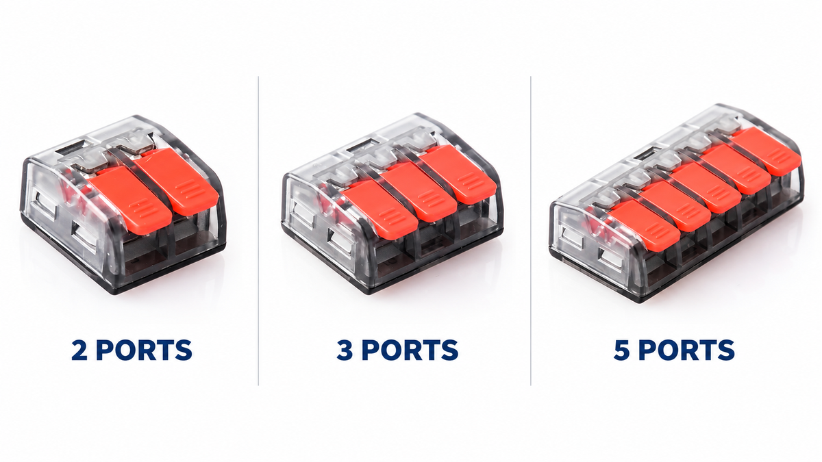 Two-port, three-port, and five-port JINH lever wire connectors