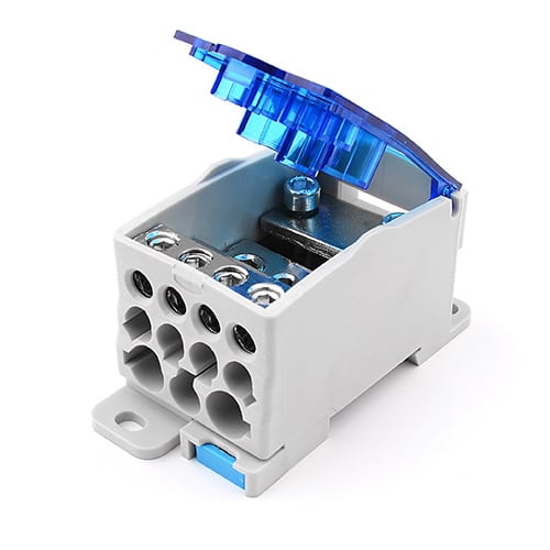 Open cover and terminal chambers of a JINH UKK500 distribution block